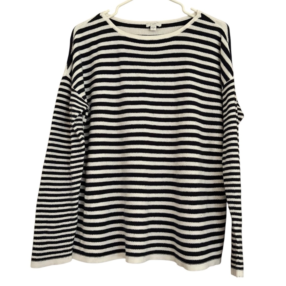 J Jill Cotton Black & White Nautical Striped Drop Sleeve Sweater Sz M